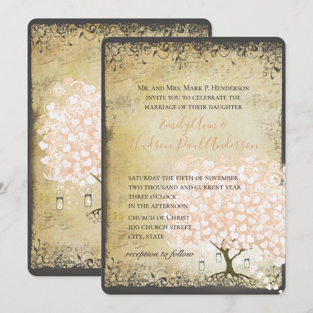 Invitation Mariage Arbre à Feuille en Cœur Rose Millénariste  (Devant / Derrière)