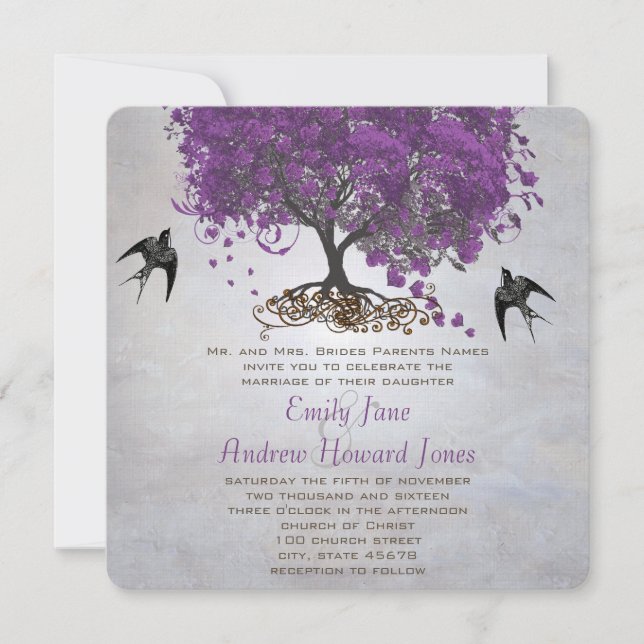 Invitation Mariage Arbre à Feuilles Cœur Lumières Argentées V (Devant)