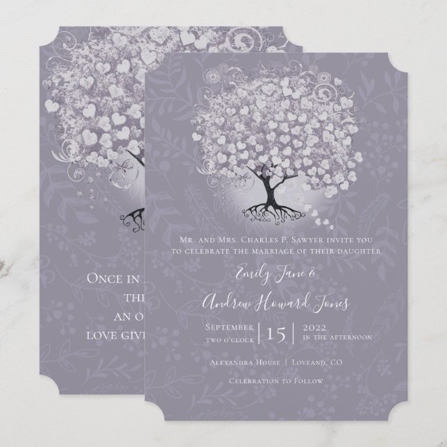 Invitation Mariage Arbre à Feuilles en Forme de Coeur Lavande (Devant / Derrière)