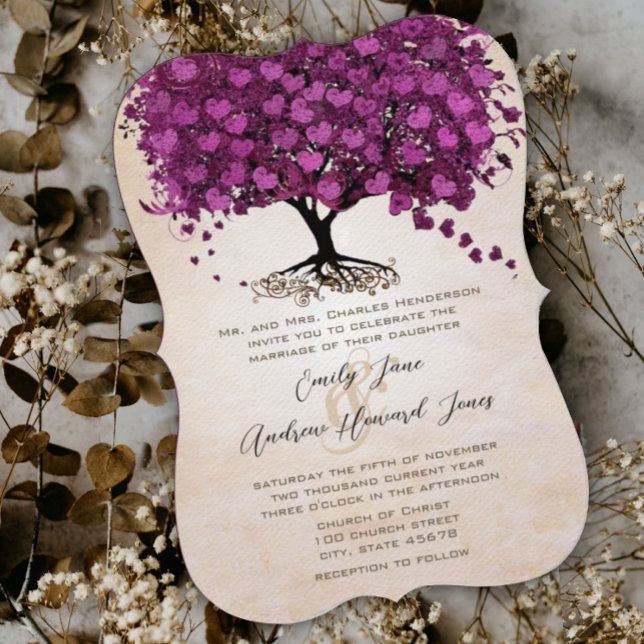 Invitation Mariage Arbre à feuilles en forme de cœur violet p (Créateur téléchargé)