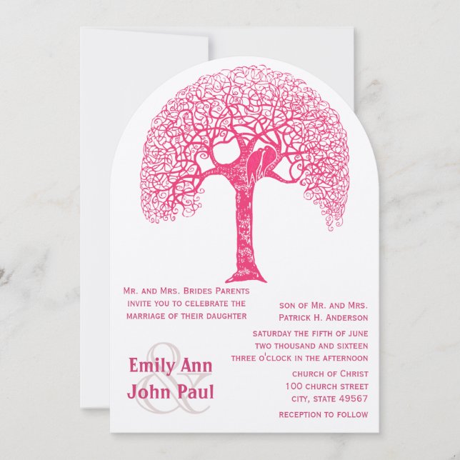 Invitation Mariage Arbre Amour Oiseau Bois Rustique Rose Tour (Devant)