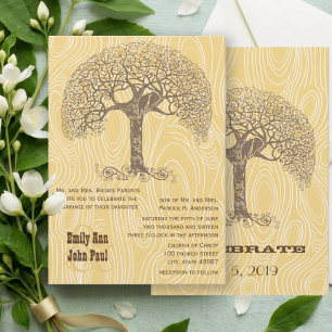 Invitation Mariage Arbre Brun Oiseau Amour Grain de Bois Jaun