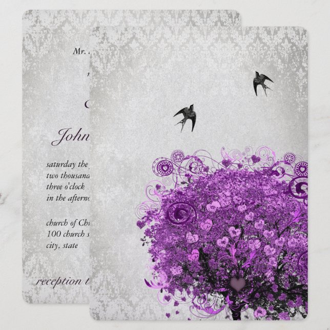 Invitation Mariage Arbre Feuille de Coeur Radieux Violet (Devant / Derrière)