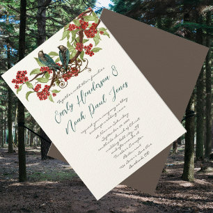 Invitation Mariage Arbre Fleurissant Rouge Oiseau d'Amour Vin