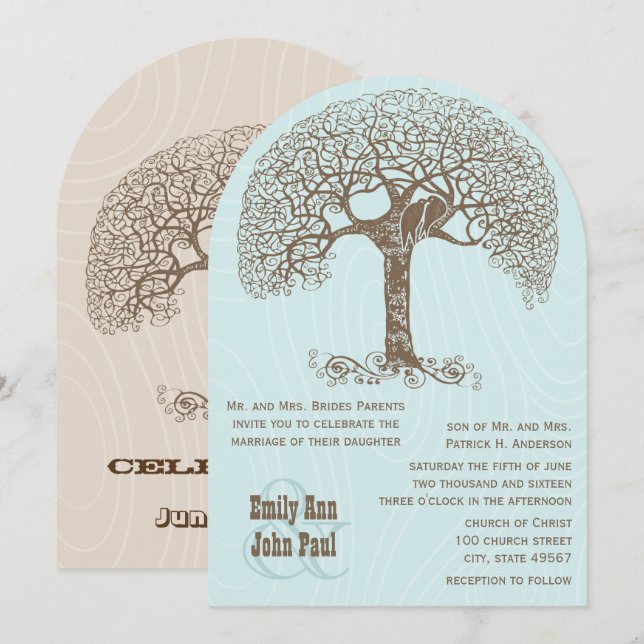Invitation Mariage Arbre Rustique Tourbillon Brun Oiseau Amou (Devant / Derrière)