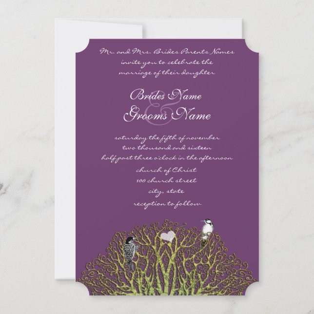 Invitation Mariage Arbre Tourbillon Violet et Vert Love Bird (Dos)