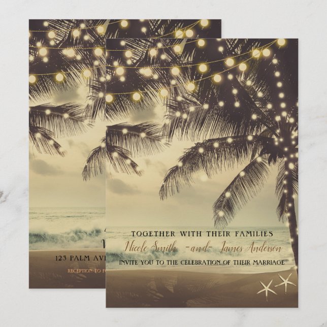 Invitation Mariage Arbres Palmiers & Lumières Plage Vintage O (Devant / Derrière)
