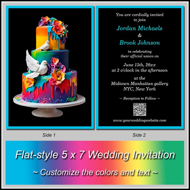 Invitation Mariage arc-en-ciel gâteau avec Mariage de colombe (Change the black background and turquoise border to any colors you like.)