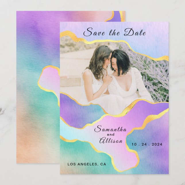 Invitation Mariage Arc-en-ciel LGBT Photo d'Or Save the Date (Devant / Derrière)