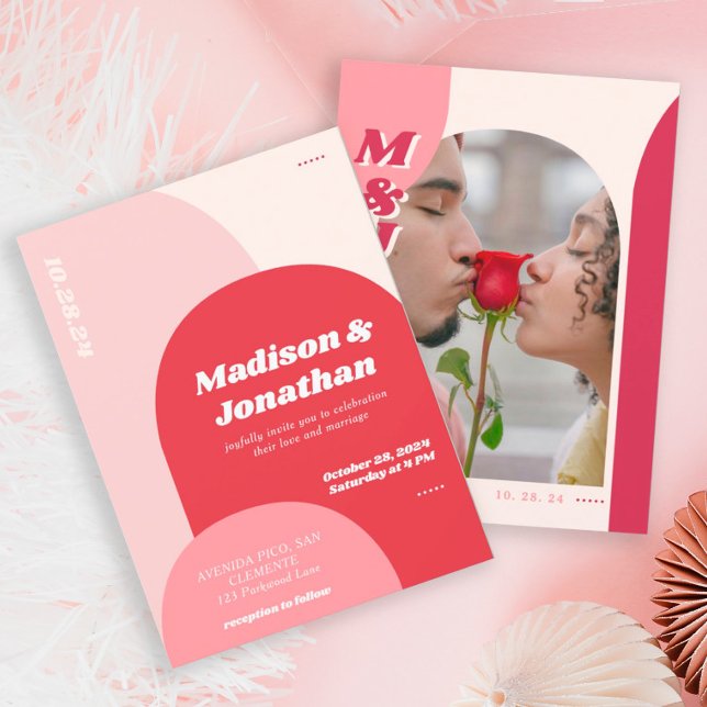 Invitation Mariage Arche Arche rouge rose gras monogramme (Créateur téléchargé)