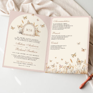 Invitation Mariage Arche Fleur Sauvage Papillon Crème Rose Ro