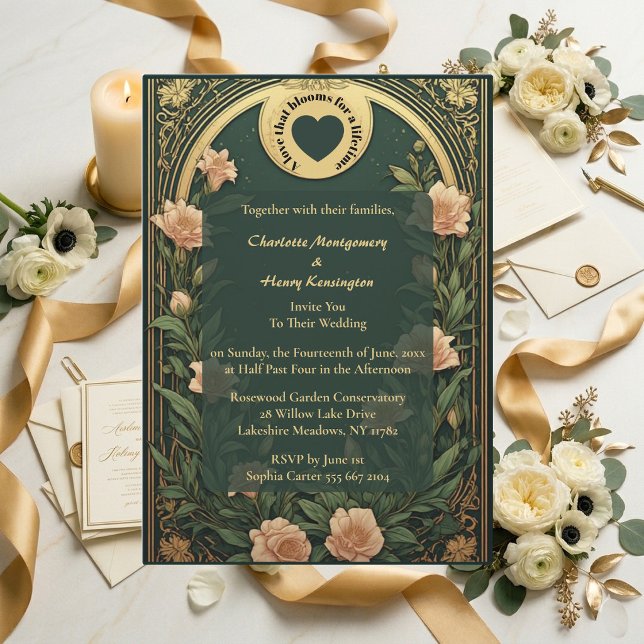 Invitation Mariage Arche Ornée Lily Gold Alphonse Mucha Vert (Green Alphonse Mucha Gold Ornate Lily Arch Wedding Invitation)