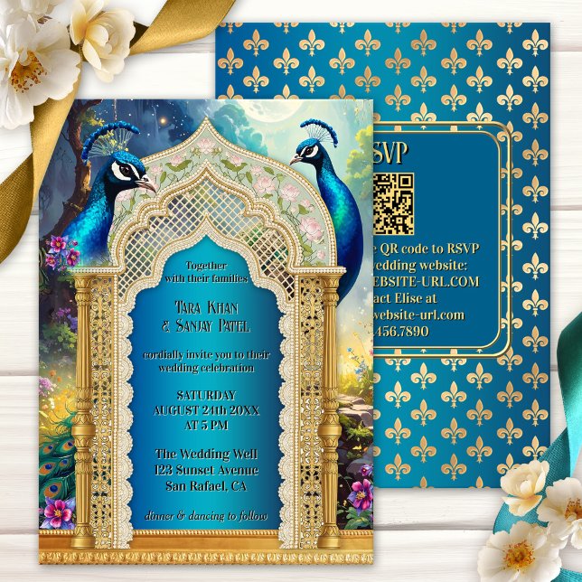Invitation Mariage Arches en or Paon Indien (Indian wedding invitation featuring a magical garden with peacocks on an archway and fleur-de-lis)