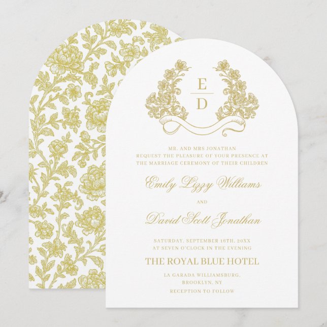 Invitation Mariage Archevêque Monogramme Or et Blanc Patrimoi (Devant / Derrière)