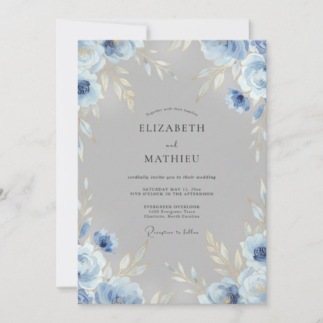 Invitation Mariage Ardoise Bleuet Feuillu (Devant)