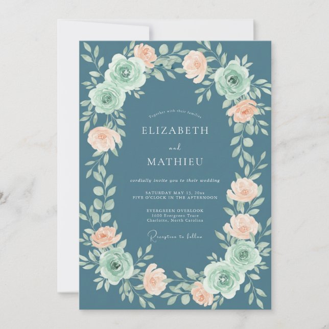 Invitation Mariage Ardoise Corail Ranunculus Eucalyptus Gris (Devant)