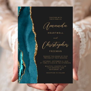 Invitation Mariage Ardoise Écriture Or Agate Bleu Turquoise