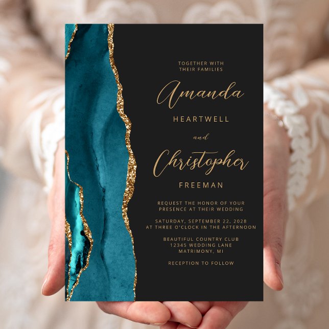 Invitation Mariage Ardoise Écriture Or Agate Bleu Turquoise (Créateur téléchargé)