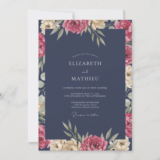 Invitation Mariage Ardoise Merlot Pétales (Devant)