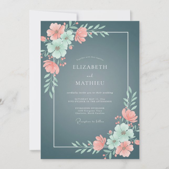 Invitation Mariage Ardoise Saumon Ranunculus Eucalyptus (Devant)