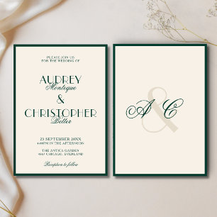 Invitation Mariage Argent Ancien Monogramme Émeraude Glamour