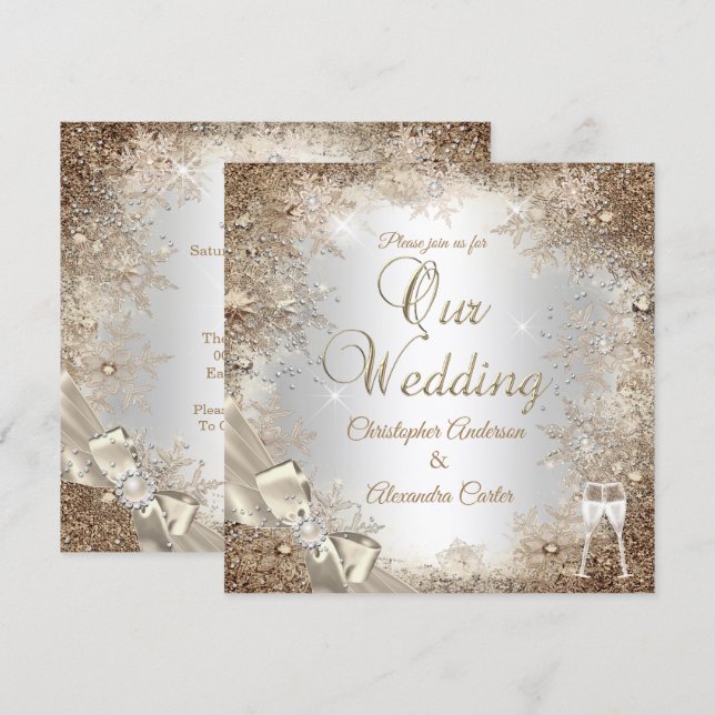 Invitation Mariage Argent Beige Crème Nœud Papillon Flocon de (Devant / Derrière)
