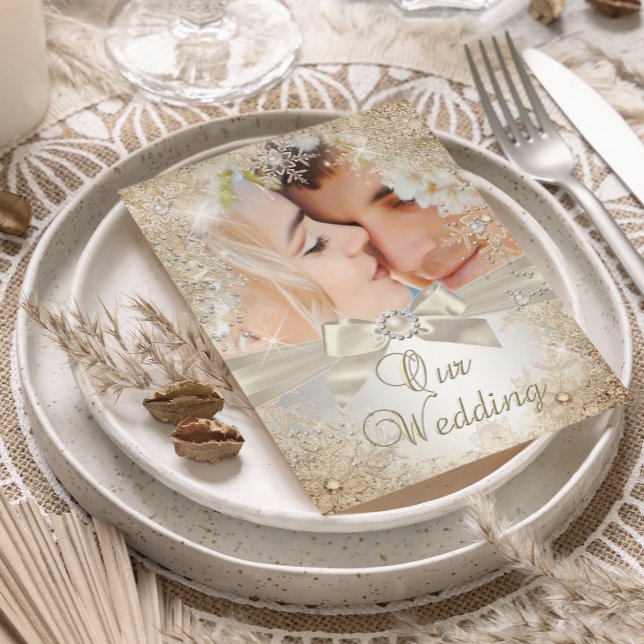 Invitation Mariage Argent Beige Crème Perle Flocon de Neige P (Créateur téléchargé)