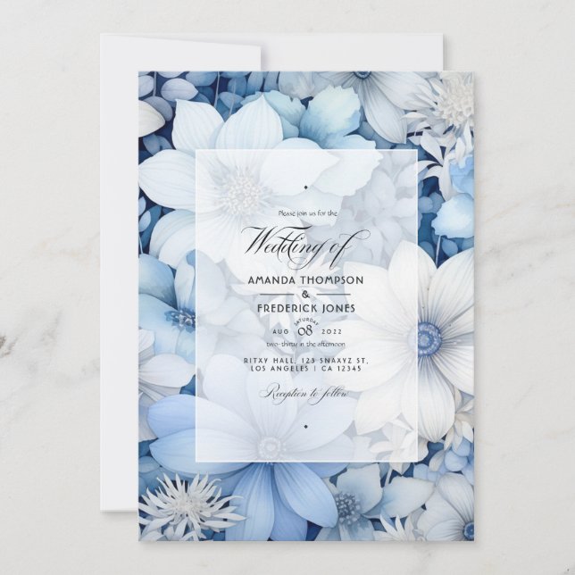 Invitation Mariage Argent, Bleu Glace, Blanc givré et Gris (Devant)
