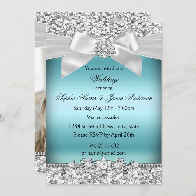Invitation Mariage Argent Bleu Parties scintillant Bijou Bow (Devant / Derrière)