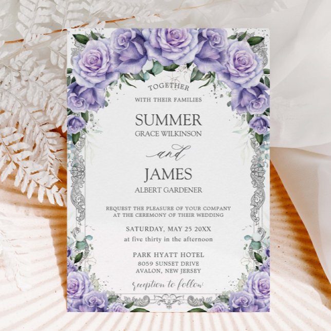 Invitation Mariage Argent Fleurs Roses Lavande Violettes Chic (Créateur téléchargé)