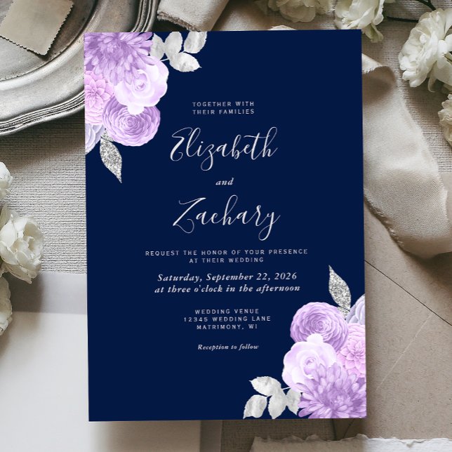 Invitation Mariage Argent Floral Bleu Marine Lilas (Créateur téléchargé)