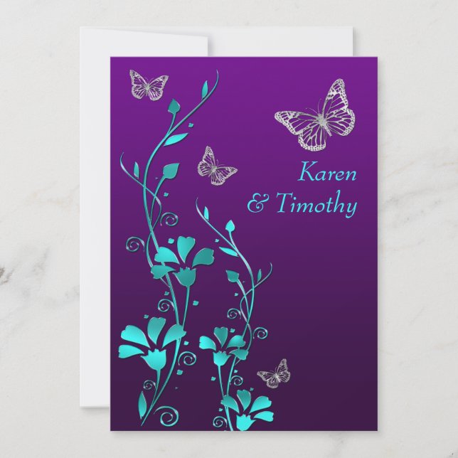 Invitation Mariage | Argent Turquoise violet, floral | Papill (Devant)