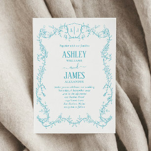 Invitation Mariage Armoirie Monogramme Turquoise Rose Décousu