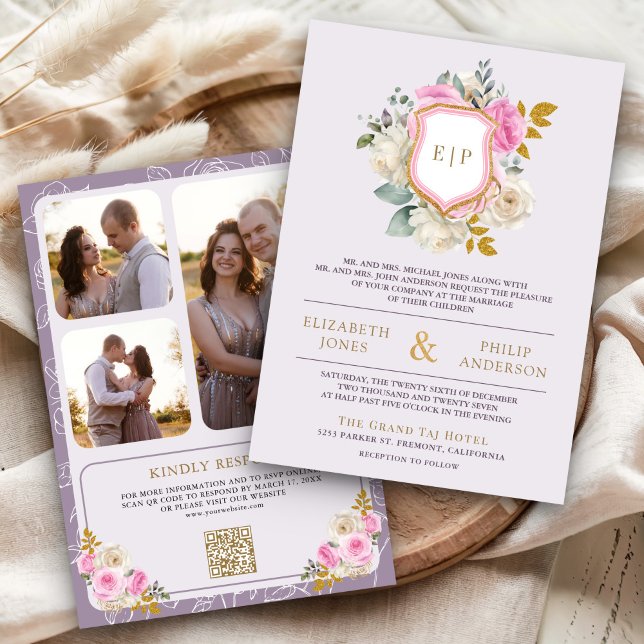 Invitation Mariage armoiries code QR floral rose violet pouss (Créateur téléchargé)