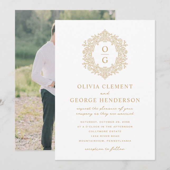 Invitation Mariage Armoiries Élégant Or Héritage (Devant / Derrière)