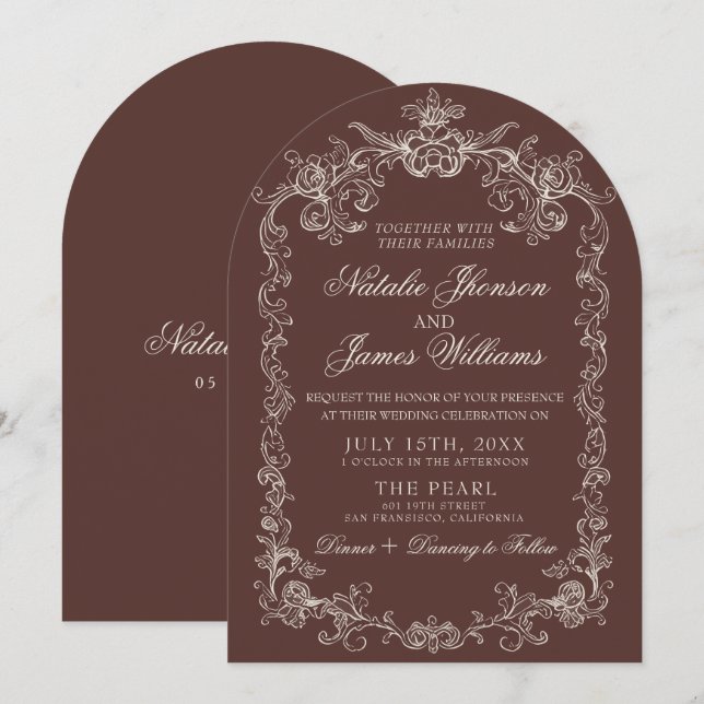 Invitation Mariage Arqué Brun Chocolat Ancien Argent (Devant / Derrière)