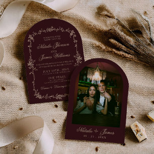 Invitation Mariage Arqué de l'Argent Ancien Beige Floral Bour