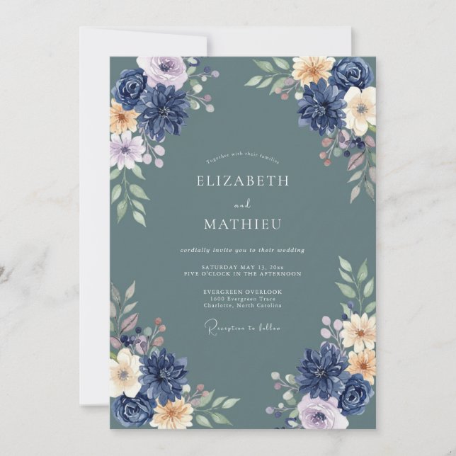Invitation Mariage Arrangement Floral Navy Luxuriant (Devant)