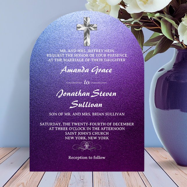 Invitation Mariage Arrière de la Croix Chrétienne d'Argent Vi (Purple Silver Christian Cross Arched Wedding Invitation)