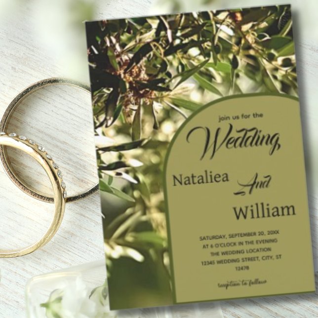 Invitation Mariage Arrière - plan d'olivier vert moderne (Green Olive Tree Background Arch Wedding invitation )