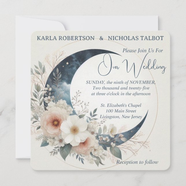 Invitation Mariage arrondi de fleurs de lune blanc (Devant)