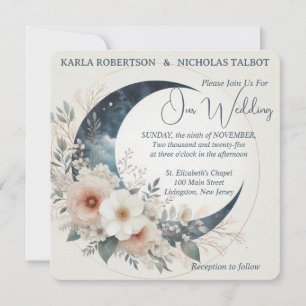 Invitation Mariage arrondi de fleurs de lune blanc