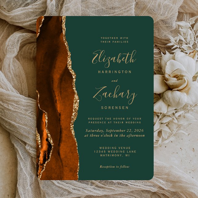 Invitation Mariage Arrondi Vert foncé Chic Rust Or Agate (Créateur téléchargé)