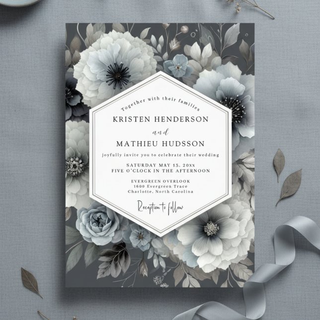 Invitation Mariage Art Botanique Bleu Ardoise (Créateur téléchargé)