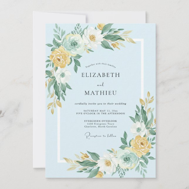 Invitation Mariage Art Botanique Bleu Ciel (Devant)