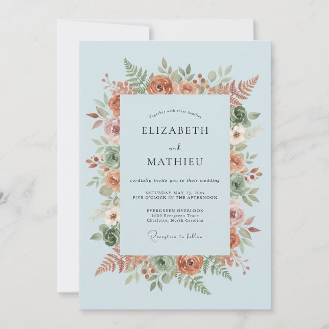 Invitation Mariage Art Botanique Bleu Poussiéreux (Devant)