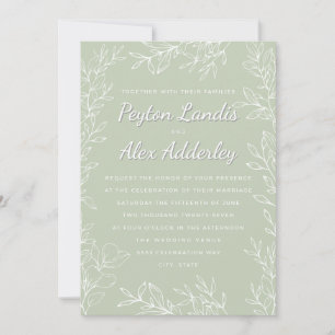 Invitation Mariage Art Botanique Ligne Feuilles Vert Sauge Bl