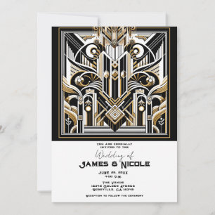 Invitation Mariage Art déco Années folles Or Noir Blanc