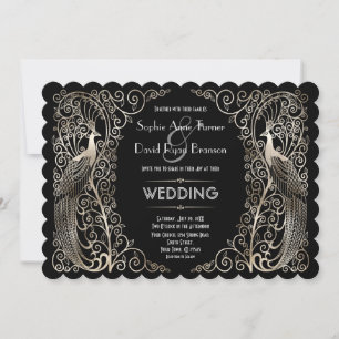 Invitation Mariage Art Déco Argent Charmant Peacocs