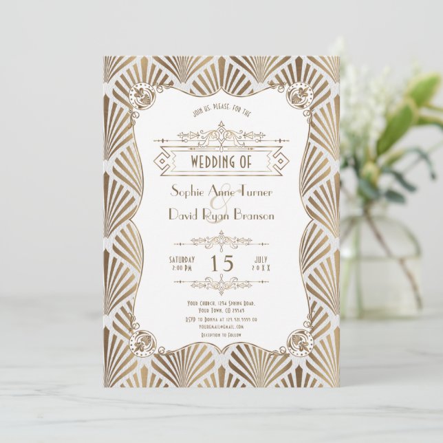 Invitation Mariage Art Déco Blanc Or Blanc Gatsby 1920  (Debout devant)
